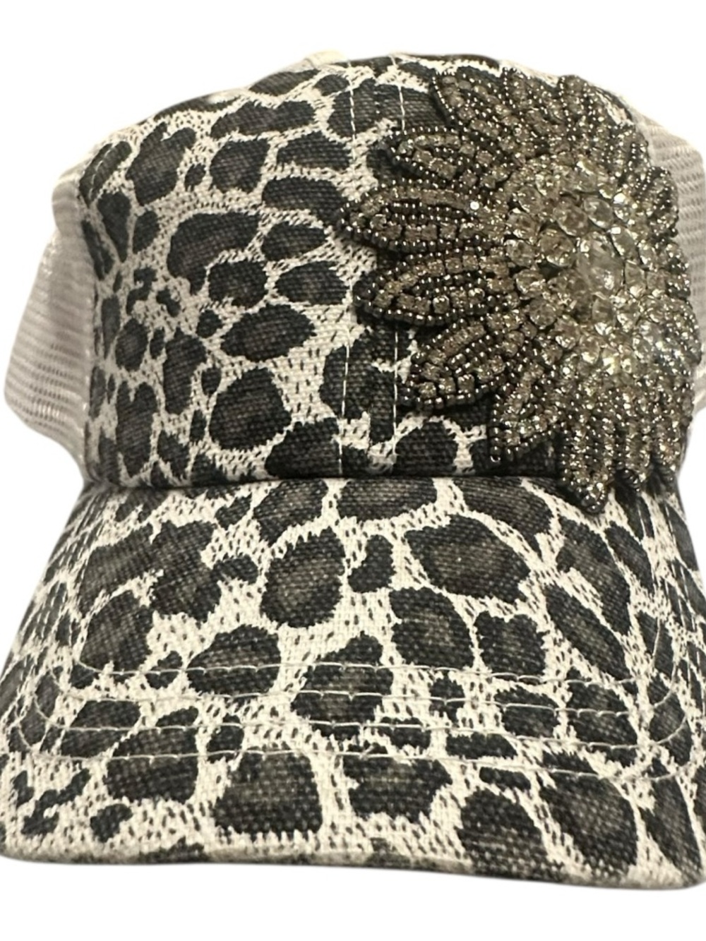 Alabama Girl Black & White Leopard Print Women's Cap with Crystal Flower Accent